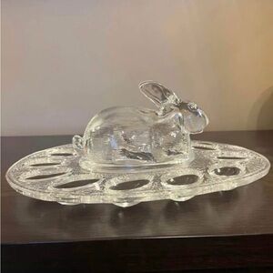L.E. Smith Vintage Glass Deviled Egg Tray Bunny Lid Easter